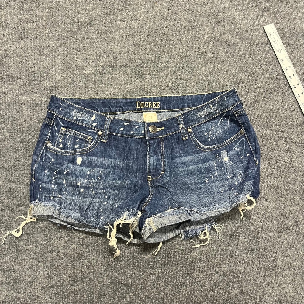 Decree Denim Shorts Womens Size 13 Blue Paint Splatter Distressed Frayed Cotton